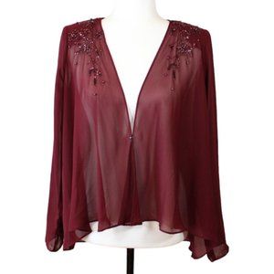 Tradition Beaded Over Blouse Size 8 Shoulder Pad Red Maroon Sheer High Low CA303